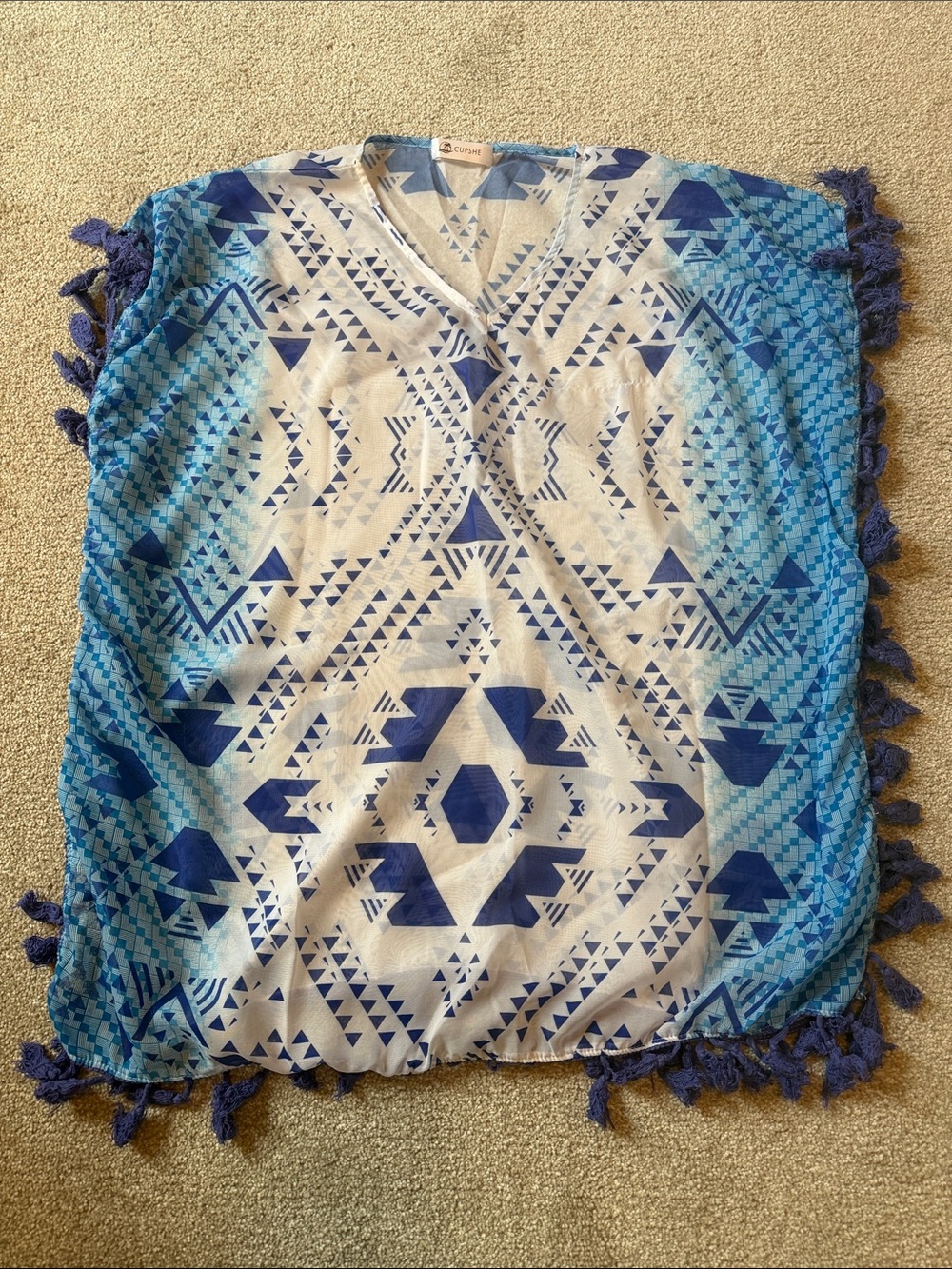 Women’s Blue Geometric V-Neck Tassel Swim Cover Up